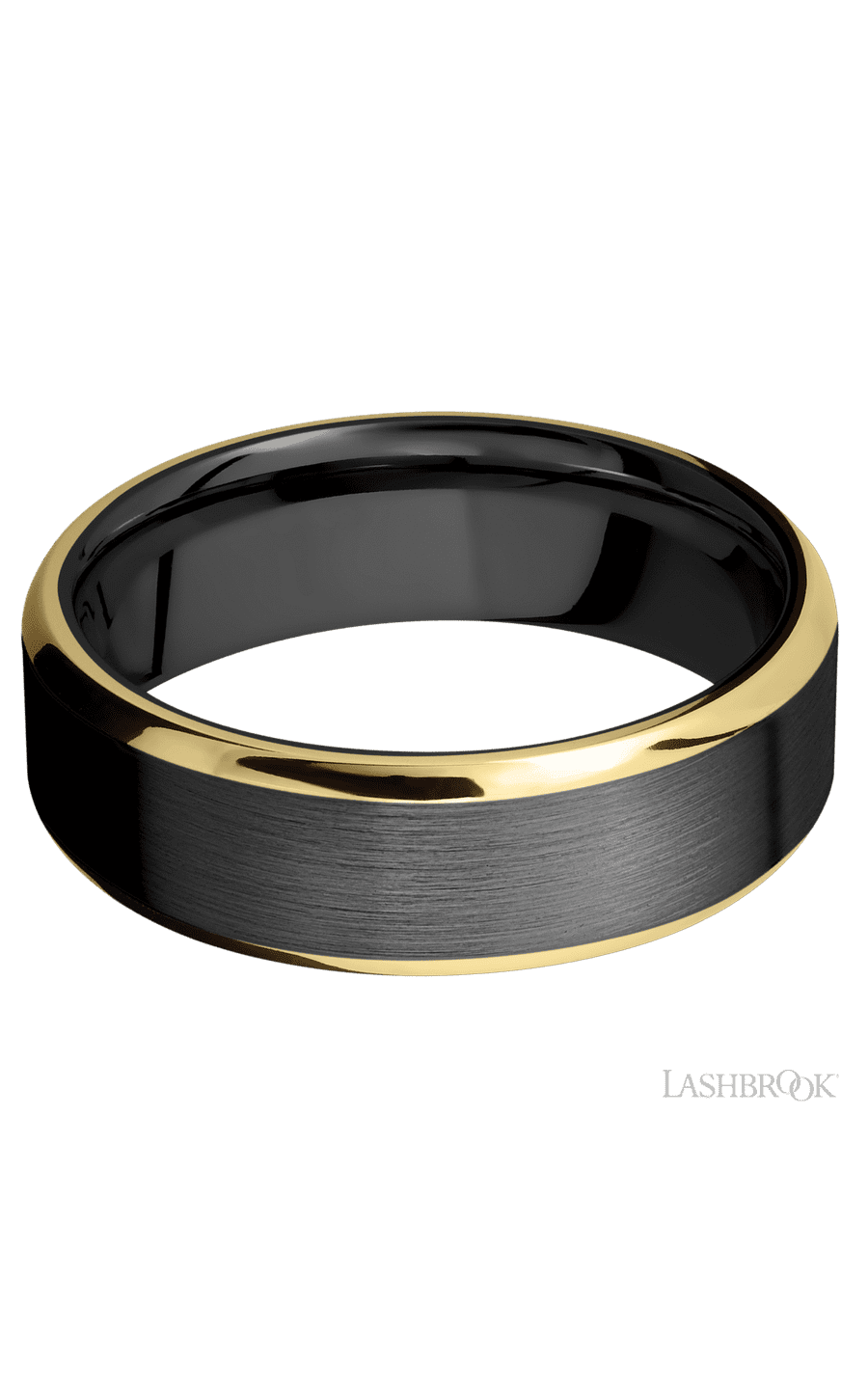7 mm wide/Beveled/Zirconium band with two 1 mm Edge inlays of 14K Yellow Gold.