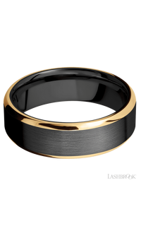 7 mm wide/Beveled/Zirconium band with two 1 mm Edge inlays of 14K Yellow Gold.