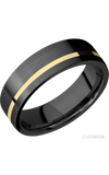 7 mm wide/Flat/Zirconium band with one 1 mm Off Center inlay of 14K Yellow Gold.