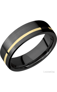 7 mm wide/Flat/Zirconium band with one 1 mm Off Center inlay of 14K Yellow Gold.