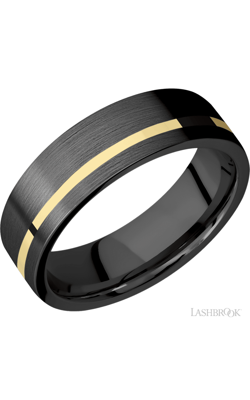 7 mm wide/Flat/Zirconium band with one 1 mm Off Center inlay of 14K Yellow Gold. - NAGI