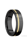 7 mm wide/Flat/Zirconium band with one 1 mm Off Center inlay of 14K Yellow Gold.