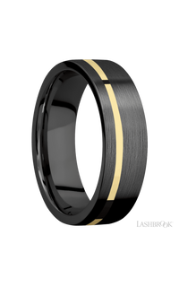 7 mm wide/Flat/Zirconium band with one 1 mm Off Center inlay of 14K Yellow Gold.