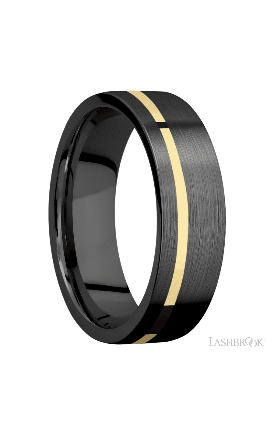 7 mm wide/Flat/Zirconium band with one 1 mm Off Center inlay of 14K Yellow Gold.