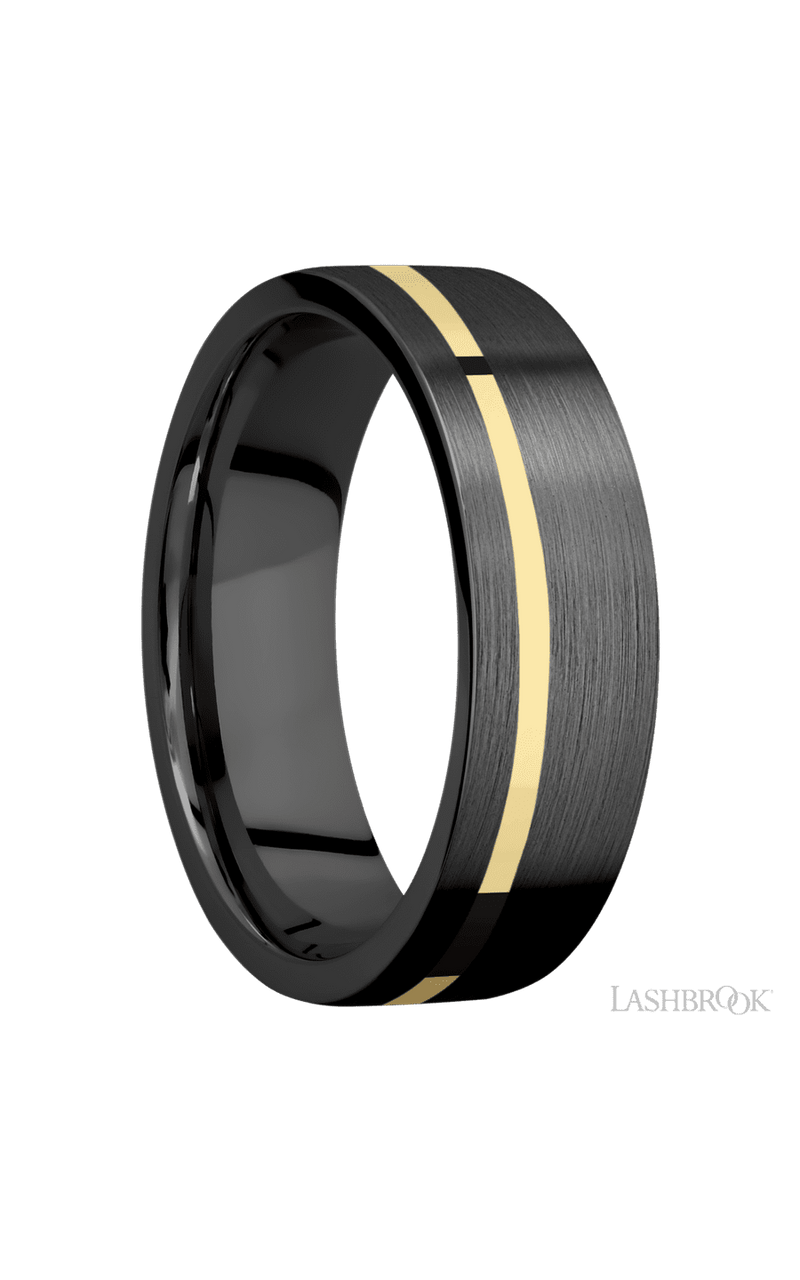 7 mm wide/Flat/Zirconium band with one 1 mm Off Center inlay of 14K Yellow Gold.