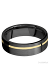 7 mm wide/Flat/Zirconium band with one 1 mm Off Center inlay of 14K Yellow Gold.