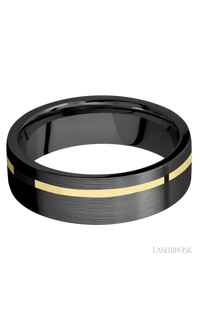 7 mm wide/Flat/Zirconium band with one 1 mm Off Center inlay of 14K Yellow Gold.