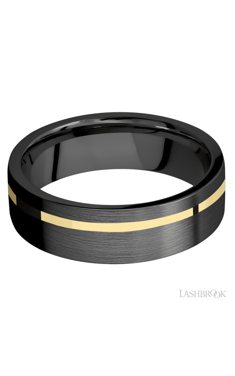 7 mm wide/Flat/Zirconium band with one 1 mm Off Center inlay of 14K Yellow Gold.