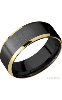 8 mm wide/Beveled/Zirconium band with two 1 mm Edge inlays of 14K Yellow Gold.