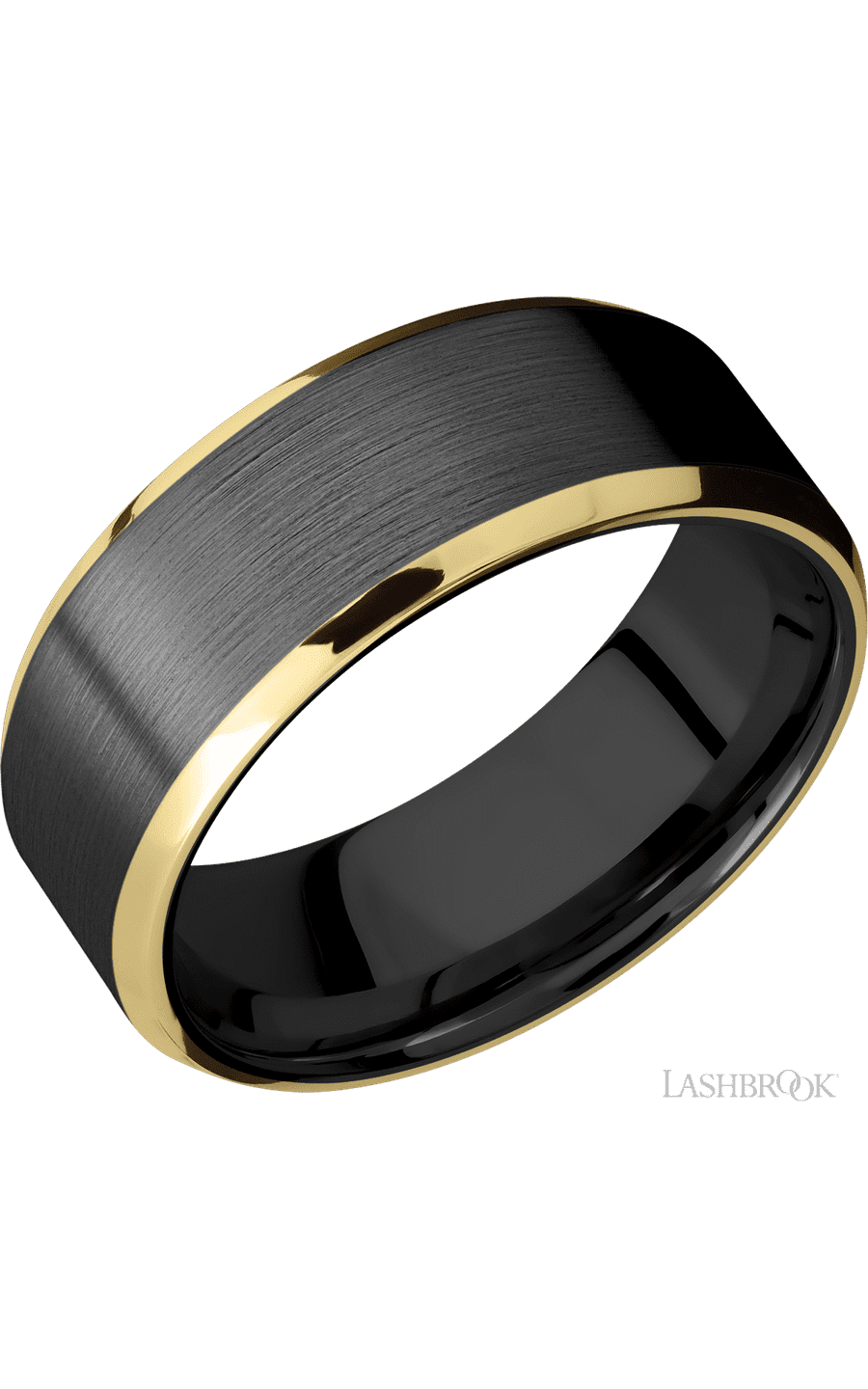 8 mm wide/Beveled/Zirconium band with two 1 mm Edge inlays of 14K Yellow Gold.