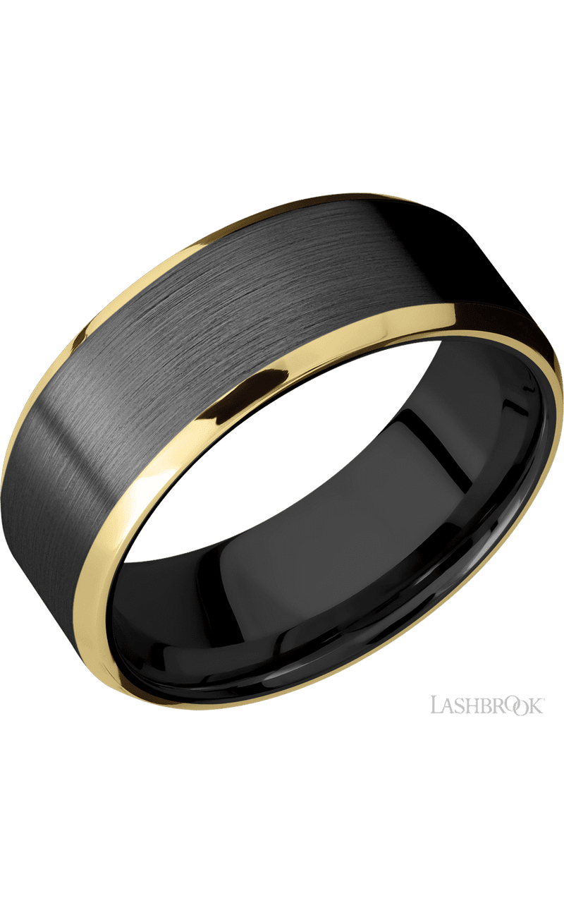 8 mm wide/Beveled/Zirconium band with two 1 mm Edge inlays of 14K Yellow Gold. - NAGI