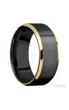 8 mm wide/Beveled/Zirconium band with two 1 mm Edge inlays of 14K Yellow Gold.