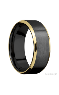 8 mm wide/Beveled/Zirconium band with two 1 mm Edge inlays of 14K Yellow Gold.