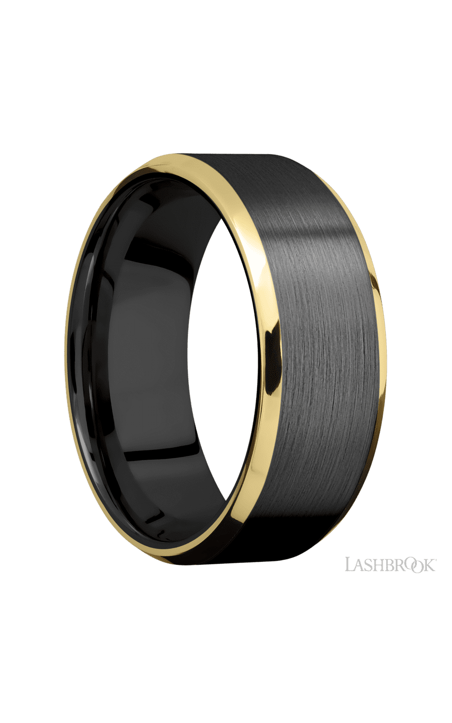 8 mm wide/Beveled/Zirconium band with two 1 mm Edge inlays of 14K Yellow Gold.
