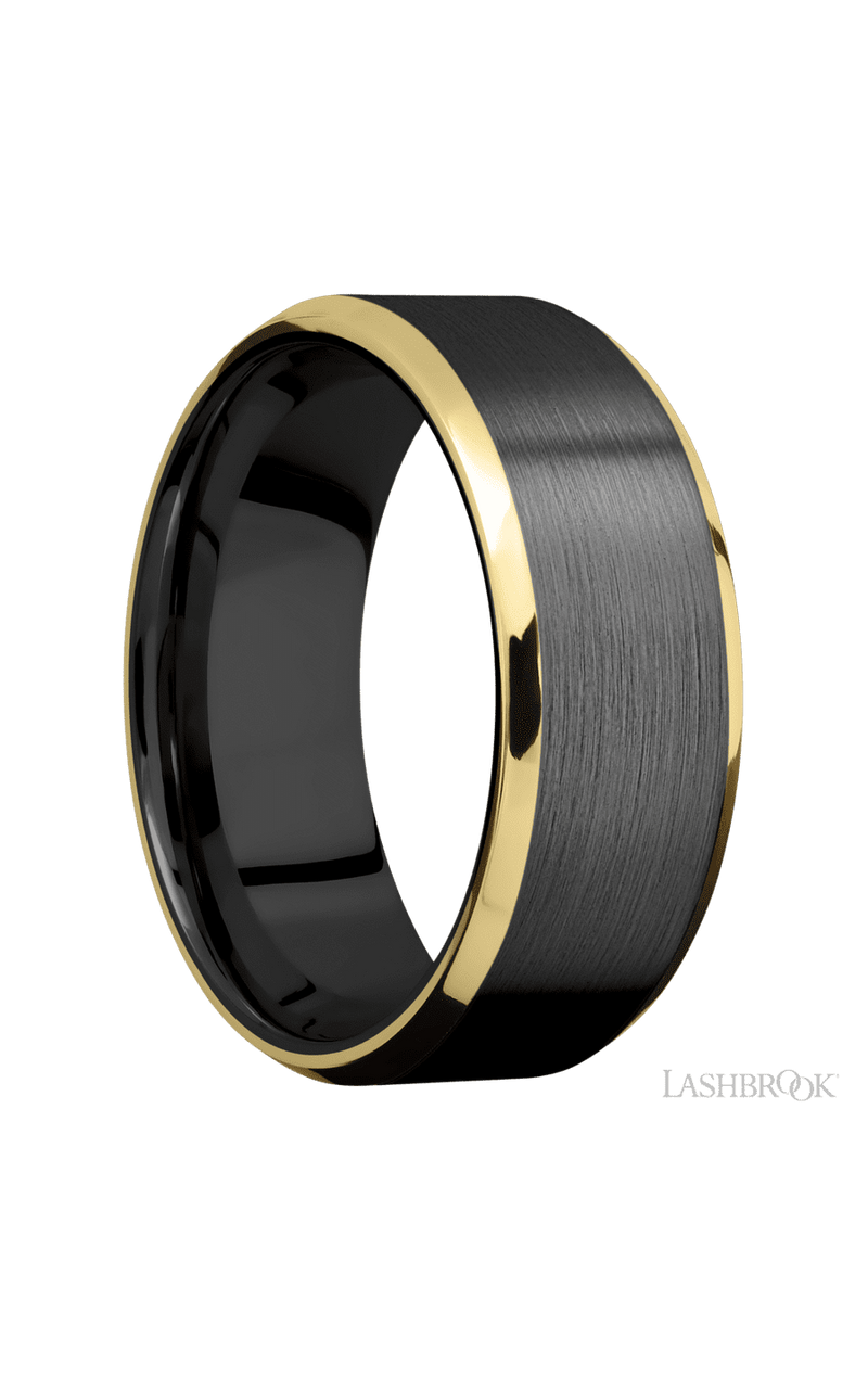 8 mm wide/Beveled/Zirconium band with two 1 mm Edge inlays of 14K Yellow Gold.