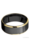 8 mm wide/Beveled/Zirconium band with two 1 mm Edge inlays of 14K Yellow Gold.