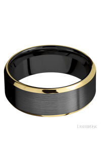 8 mm wide/Beveled/Zirconium band with two 1 mm Edge inlays of 14K Yellow Gold.