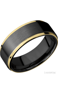 8 mm wide/Flat Grooved Edges/Zirconium band with two 1 mm Edge inlays of 14K Yellow Gold.