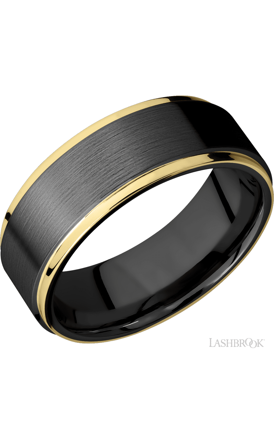 8 mm wide/Flat Grooved Edges/Zirconium band with two 1 mm Edge inlays of 14K Yellow Gold.