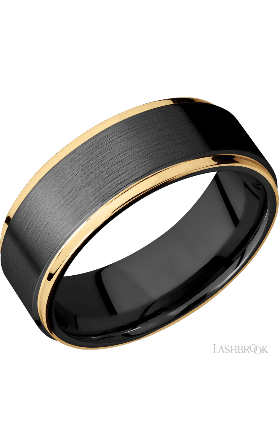 8 mm wide/Flat Grooved Edges/Zirconium band with two 1 mm Edge inlays of 14K Yellow Gold. - NAGI