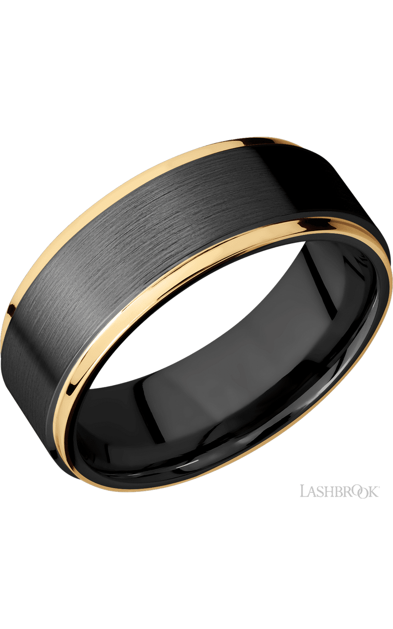 8 mm wide/Flat Grooved Edges/Zirconium band with two 1 mm Edge inlays of 14K Yellow Gold. - NAGI