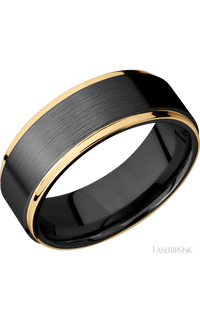 8 mm wide/Flat Grooved Edges/Zirconium band with two 1 mm Edge inlays of 14K Yellow Gold.