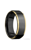 8 mm wide/Flat Grooved Edges/Zirconium band with two 1 mm Edge inlays of 14K Yellow Gold.