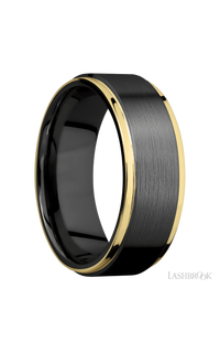 8 mm wide/Flat Grooved Edges/Zirconium band with two 1 mm Edge inlays of 14K Yellow Gold.