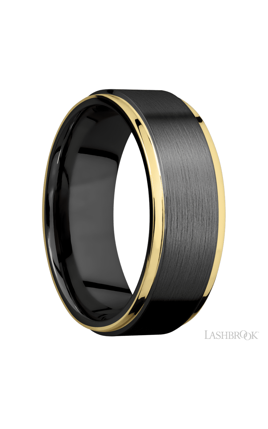 8 mm wide/Flat Grooved Edges/Zirconium band with two 1 mm Edge inlays of 14K Yellow Gold.