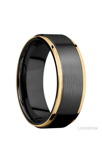 8 mm wide/Flat Grooved Edges/Zirconium band with two 1 mm Edge inlays of 14K Yellow Gold.