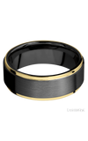 8 mm wide/Flat Grooved Edges/Zirconium band with two 1 mm Edge inlays of 14K Yellow Gold.