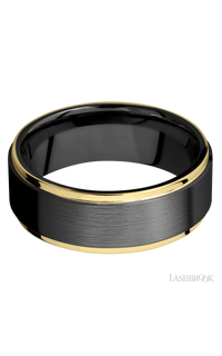 8 mm wide/Flat Grooved Edges/Zirconium band with two 1 mm Edge inlays of 14K Yellow Gold.
