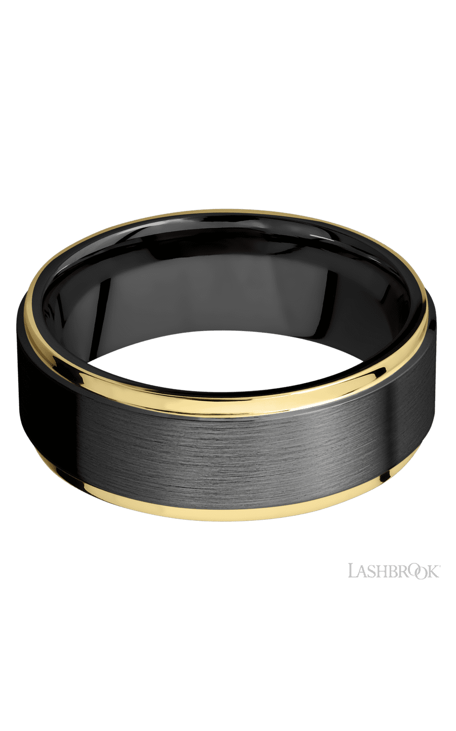 8 mm wide/Flat Grooved Edges/Zirconium band with two 1 mm Edge inlays of 14K Yellow Gold.