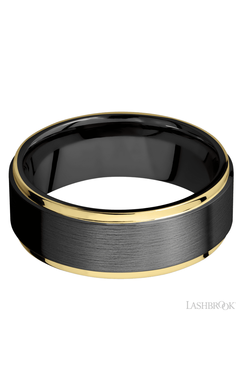 8 mm wide/Flat Grooved Edges/Zirconium band with two 1 mm Edge inlays of 14K Yellow Gold.