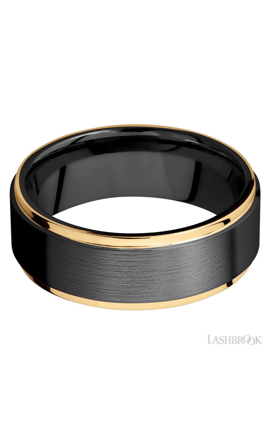 8 mm wide/Flat Grooved Edges/Zirconium band with two 1 mm Edge inlays of 14K Yellow Gold. - NAGI