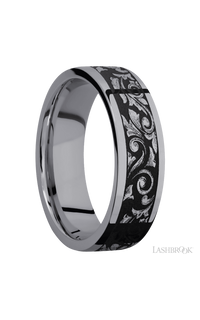 7 mm wide/Flat/Tantalum band with a laser carved Western Scroll pattern.