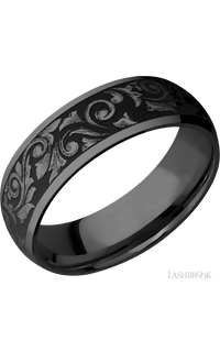 7 mm wide/Domed/Zirconium band with a laser carved Western Scroll pattern.