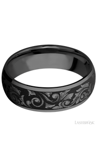 7 mm wide/Domed/Zirconium band with a laser carved Western Scroll pattern.