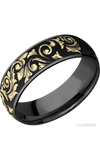 7 mm wide/Domed/Zirconium band with one 6 mm Centered inlay of 14K Yellow Gold with a laser carved Western Scroll pattern.