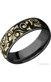 7 mm wide/Domed/Zirconium band with one 6 mm Centered inlay of 14K Yellow Gold with a laser carved Western Scroll pattern.
