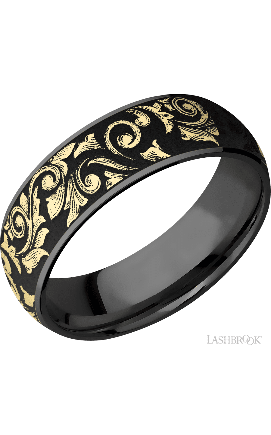 7 mm wide/Domed/Zirconium band with one 6 mm Centered inlay of 14K Yellow Gold with a laser carved Western Scroll pattern.