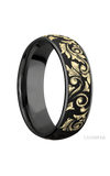 7 mm wide/Domed/Zirconium band with one 6 mm Centered inlay of 14K Yellow Gold with a laser carved Western Scroll pattern.
