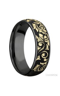 7 mm wide/Domed/Zirconium band with one 6 mm Centered inlay of 14K Yellow Gold with a laser carved Western Scroll pattern.