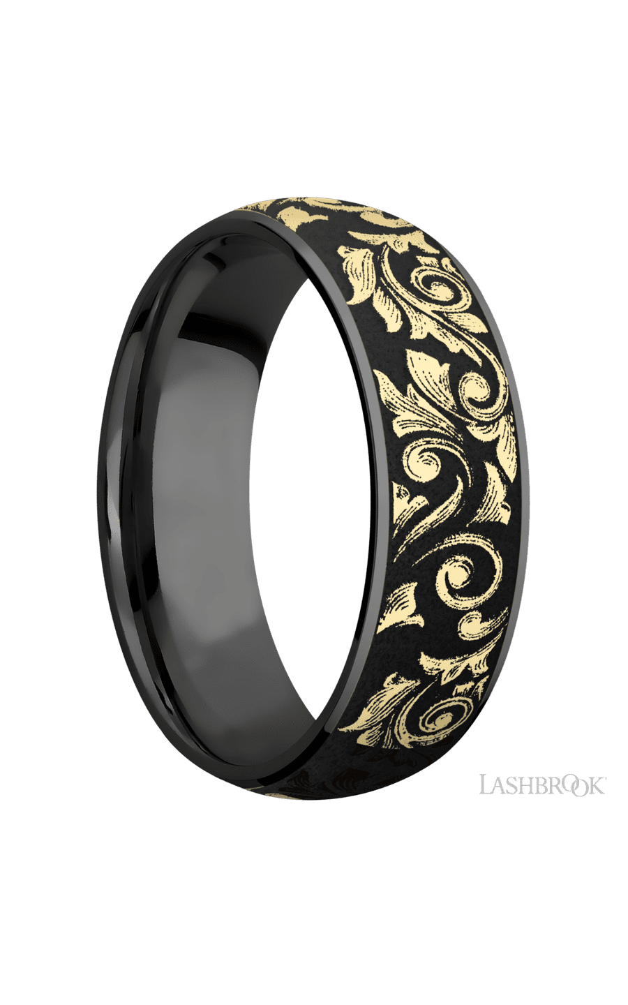 7 mm wide/Domed/Zirconium band with one 6 mm Centered inlay of 14K Yellow Gold with a laser carved Western Scroll pattern.