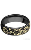 7 mm wide/Domed/Zirconium band with one 6 mm Centered inlay of 14K Yellow Gold with a laser carved Western Scroll pattern.
