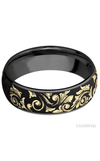 7 mm wide/Domed/Zirconium band with one 6 mm Centered inlay of 14K Yellow Gold with a laser carved Western Scroll pattern.