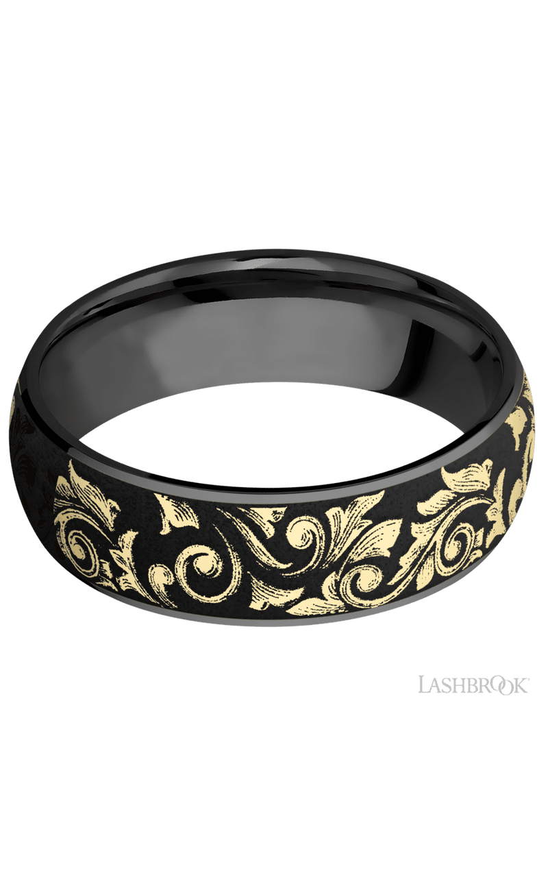 7 mm wide/Domed/Zirconium band with one 6 mm Centered inlay of 14K Yellow Gold with a laser carved Western Scroll pattern.