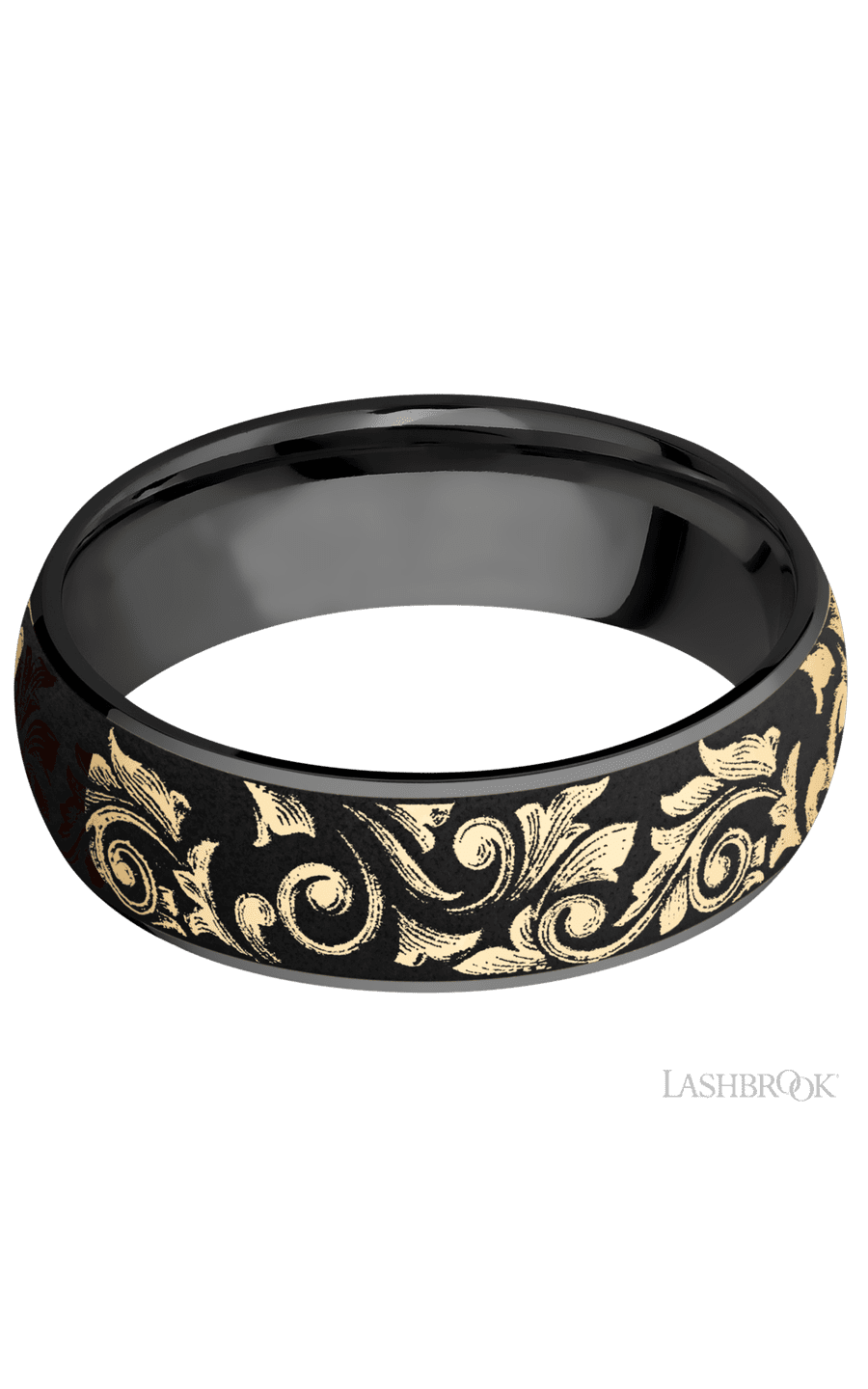 7 mm wide/Domed/Zirconium band with one 6 mm Centered inlay of 14K Yellow Gold with a laser carved Western Scroll pattern.