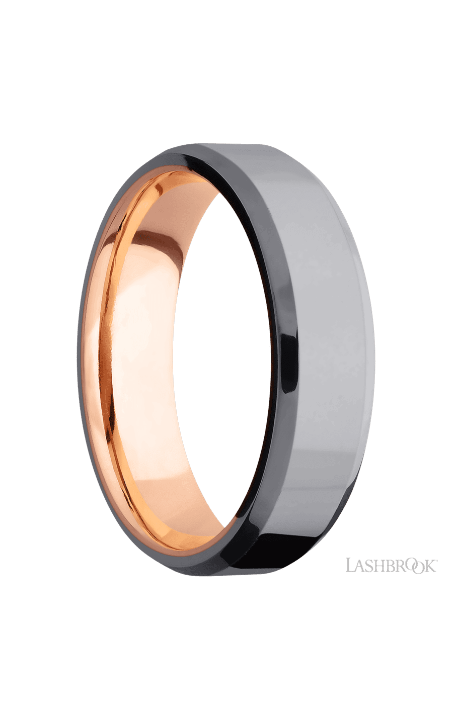 6 mm wide Beveled Tantalum band featuring a 14K Rose Gold sleeve.