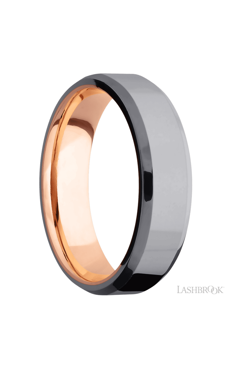 6 mm wide Beveled Tantalum band featuring a 14K Rose Gold sleeve.